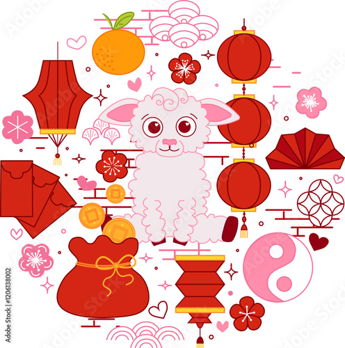 CNY sheep 2027 circle round composition vector typographic illustration of chinese new year traditional elements. vector graphic line illustration on transparent background