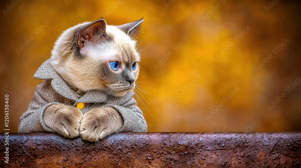 Fototapeta premium Animal wearing a tailored fashion clothes, A cute cat with blue eyes sits pensively on a wooden surface, adorned with a stylish collar, against a warm, blurred background.