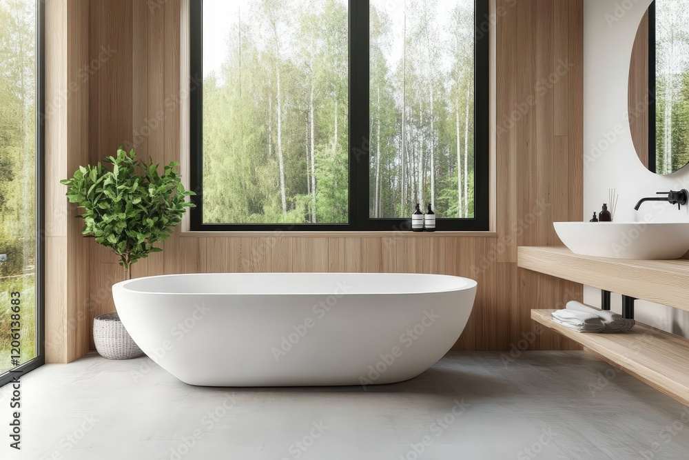 A tranquil bathtub setting for a relaxing ambiance. A tranquil bathtub setting for a relaxing ambiance.