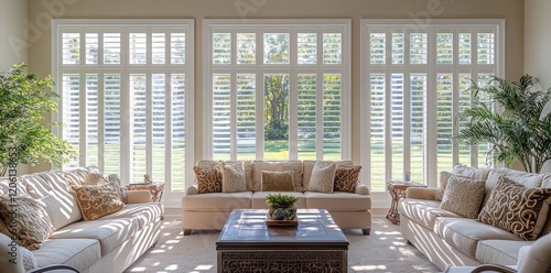 The large windows of a modern living room are embellished with white wooden shutters, which softly temper the natural light and introduce a rustic elegance