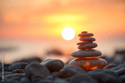 A stack of colorful, glowing stones illuminated against a vibrant sunset sky.