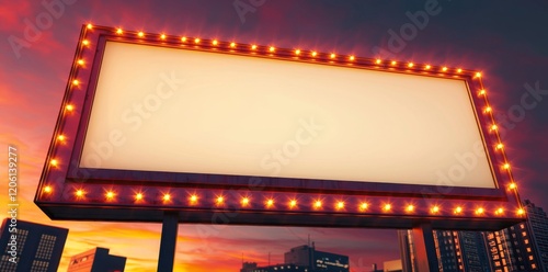 In a bustling urban landscape, the warm dusk cityscape is brightened by vibrant neon lights that illuminate a classic empty marquee sign, bringing a nostalgic and charming atmosphere