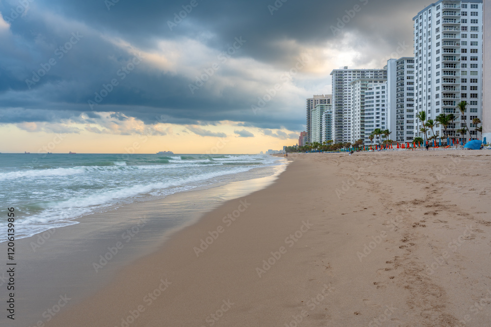 Beach of Fort Lauderdale, Florida with city