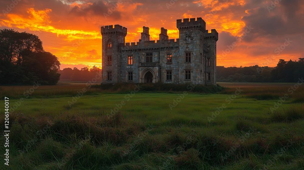 Historic Irish castle at sunset with dramatic sky Historic Irish castle at sunset with dramatic sky