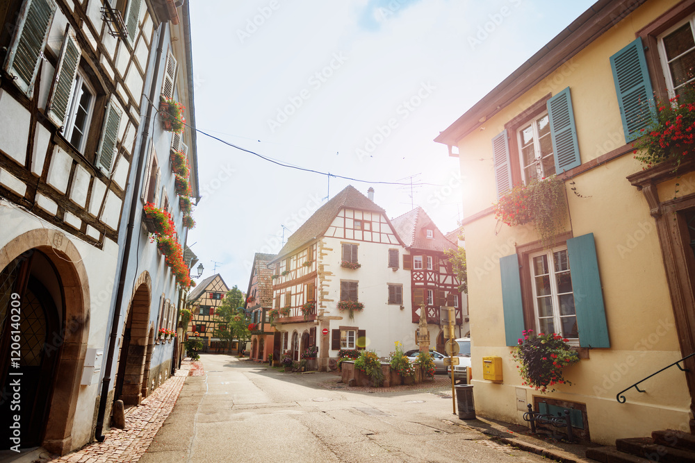 Fototapeta premium Scenic, sunny street in a picturesque European village Eguisheim