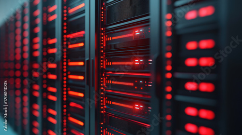Close up of server rack with glowing red lights and technology details