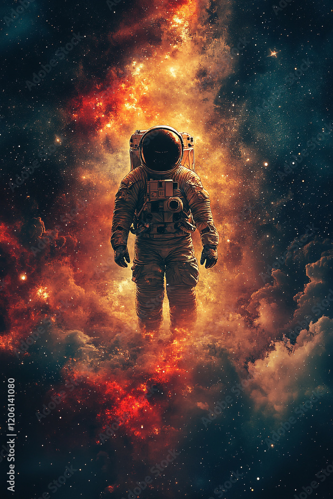 Astronaut standing amidst fiery cosmic nebula Astronaut standing amidst fiery cosmic nebula