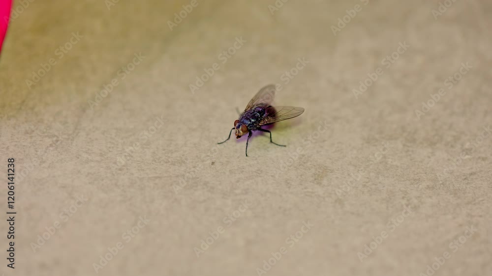 Close-up of a housefly standing still on a brown surface Close-up of a housefly standing still on a brown surface