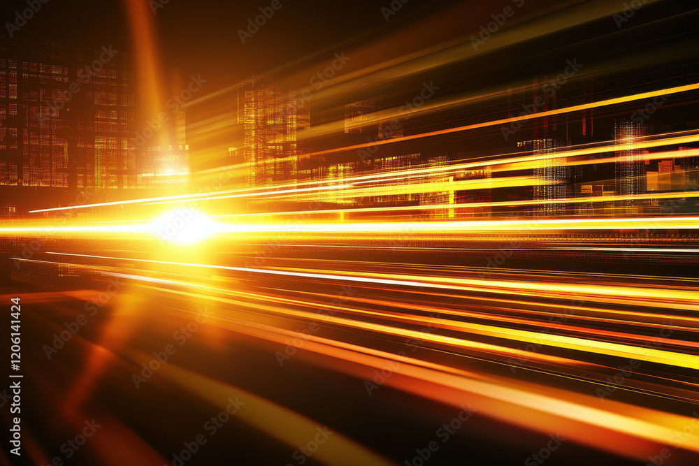 Abstract golden light streaks in motion across urban nightscape Abstract golden light streaks in motion across urban nightscape