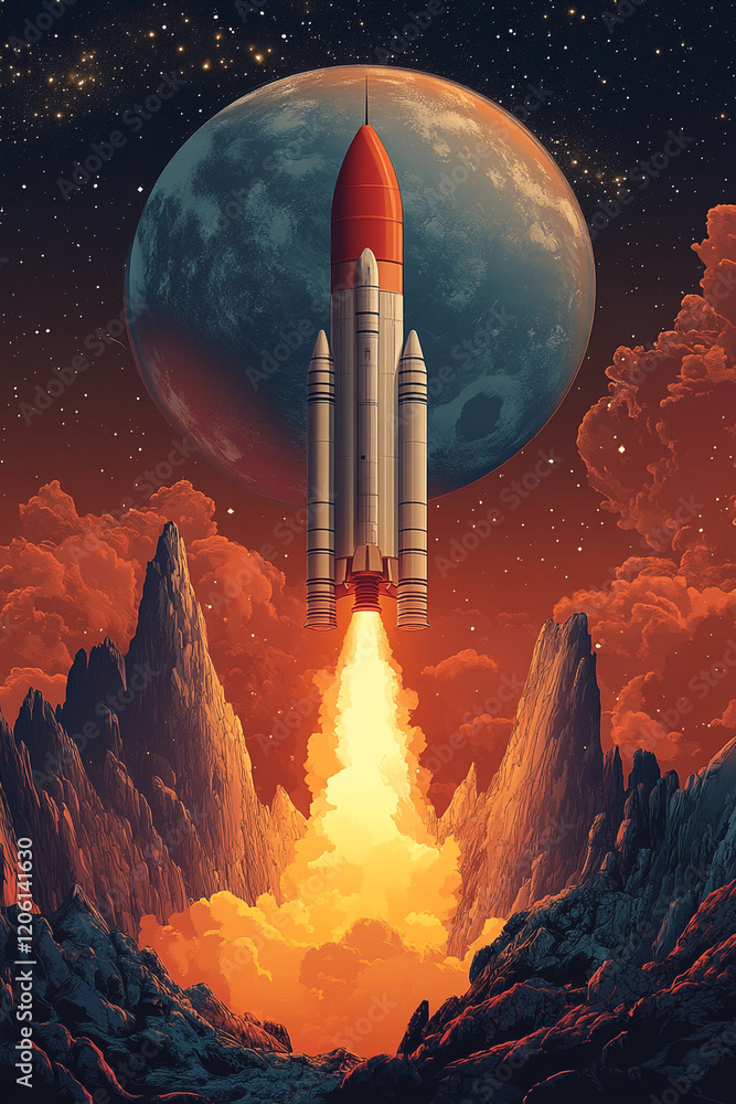 Fototapeta premium Rocket Launching From Alien Planet Towards Distant Earth