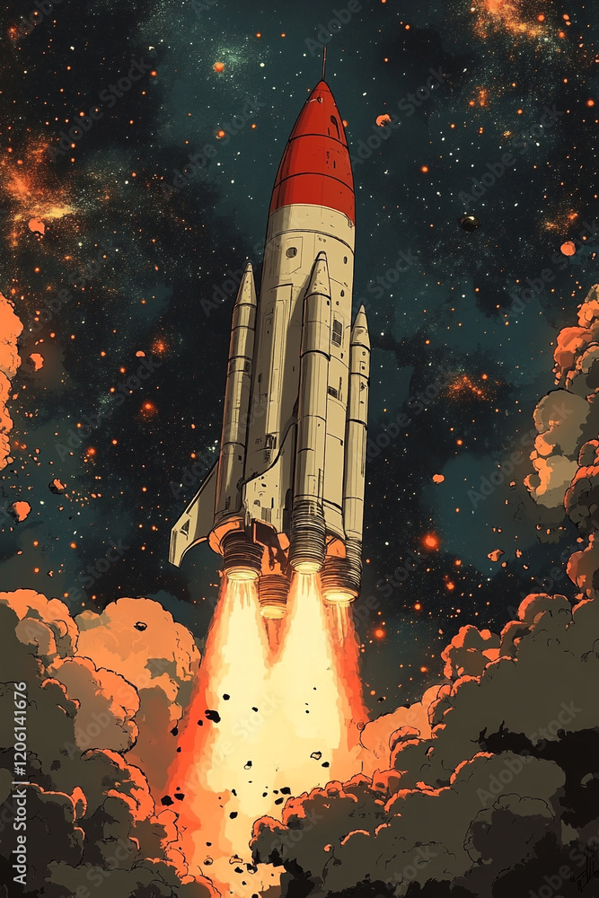 Naklejka premium Rocket Launching Into Starry Night Sky