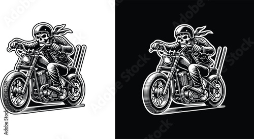 Vintage Skeleton Biker Riding a Motorcycle in Tattoo-Inspired Black and White Vector Illustration