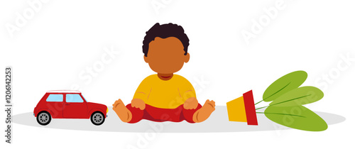 Child playing on the floor surrounded by a toy car and a potted plant during a creative indoor activity