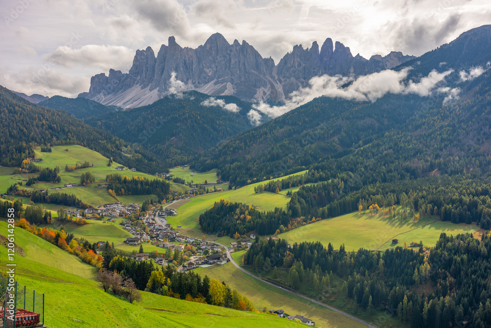 Obraz premium The specular landscape when you drive at Val di Funes area in Autumn season, Dolomite, Italy.