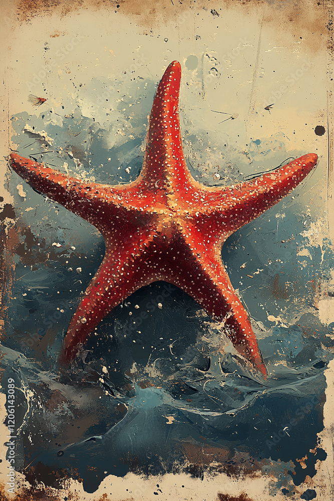 Red Starfish Emerging from Ocean Waves Red Starfish Emerging from Ocean Waves