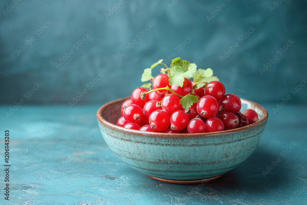 Fresh red currants in a ceramic bowl on a textured blue background Fresh red currants in a ceramic bowl on a textured blue background