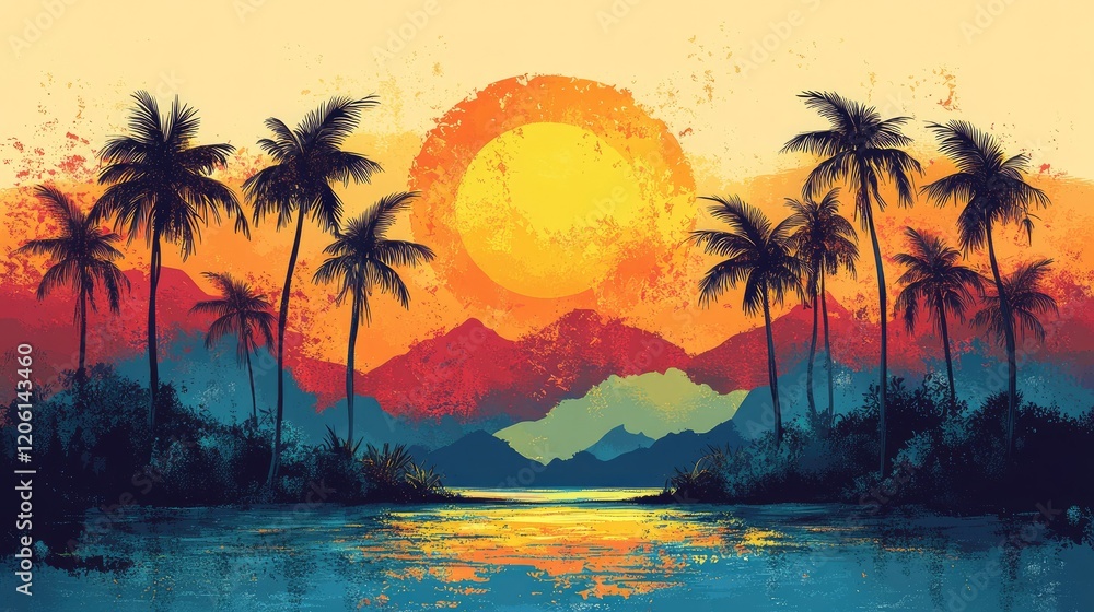 A vibrant sunset landscape with palm trees and mountains reflected in water. A vibrant sunset landscape with palm trees and mountains reflected in water.
