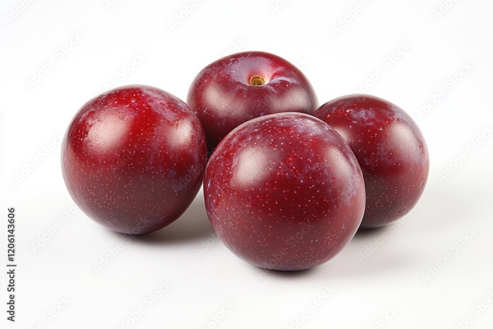 Fresh red plums arranged on a white background highlighting their glossy texture and vibrant color Fresh red plums arranged on a white background highlighting their glossy texture and vibrant color