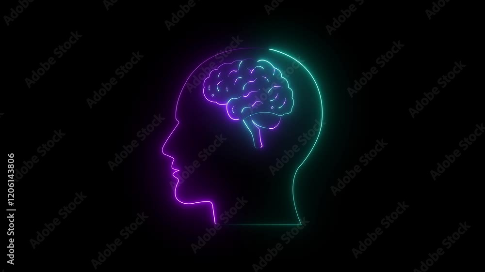 Glowing neon human head with brain icon animation with black background. neon 4 k video animation. Glowing neon human head with brain icon animation with black background. neon 4 k video animation.