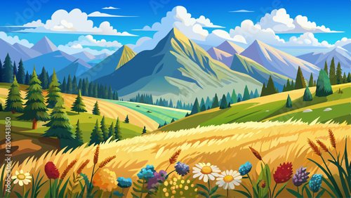 summer scenery of mountainous countryside. alpine hay fields with wild herbs on rolling hills at high noon. forested mountain ridge in the distance beneath a blue sky with fluffy clouds. nature