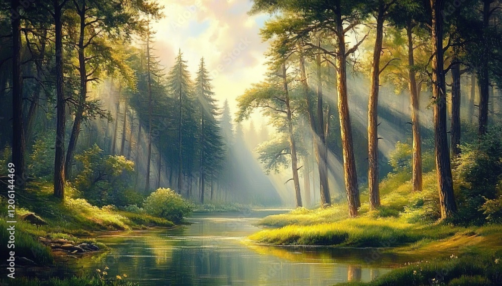 A beautiful forest with tall trees and lush green grass lines the riverbank. A beautiful forest with tall trees and lush green grass lines the riverbank.