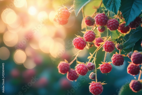 Wallpaper Mural Ripe raspberries hanging from branches in the warm sunlight during golden hour Torontodigital.ca
