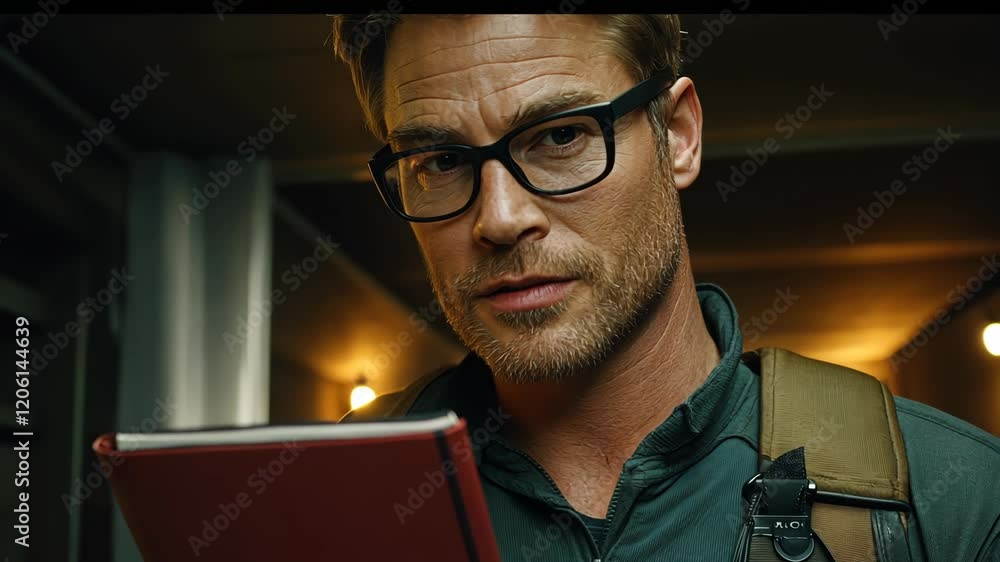 Man in glasses examines a notebook in a dimly lit hallway during an evening investigation Man in glasses examines a notebook in a dimly lit hallway during an evening investigation