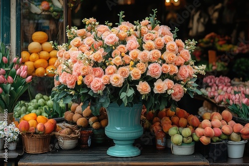 Vibrant flower display with peach roses and fresh fruits at a market stand photo