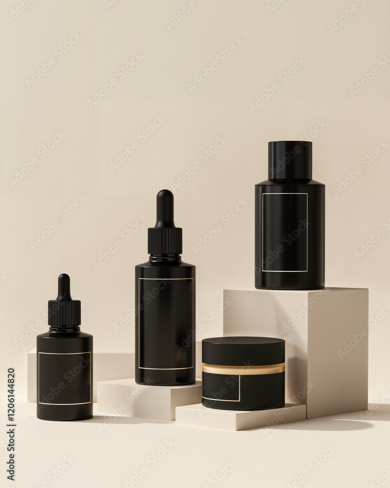 Obraz premium Elegant black skincare products arranged on minimalistic display for modern beauty aesthetics