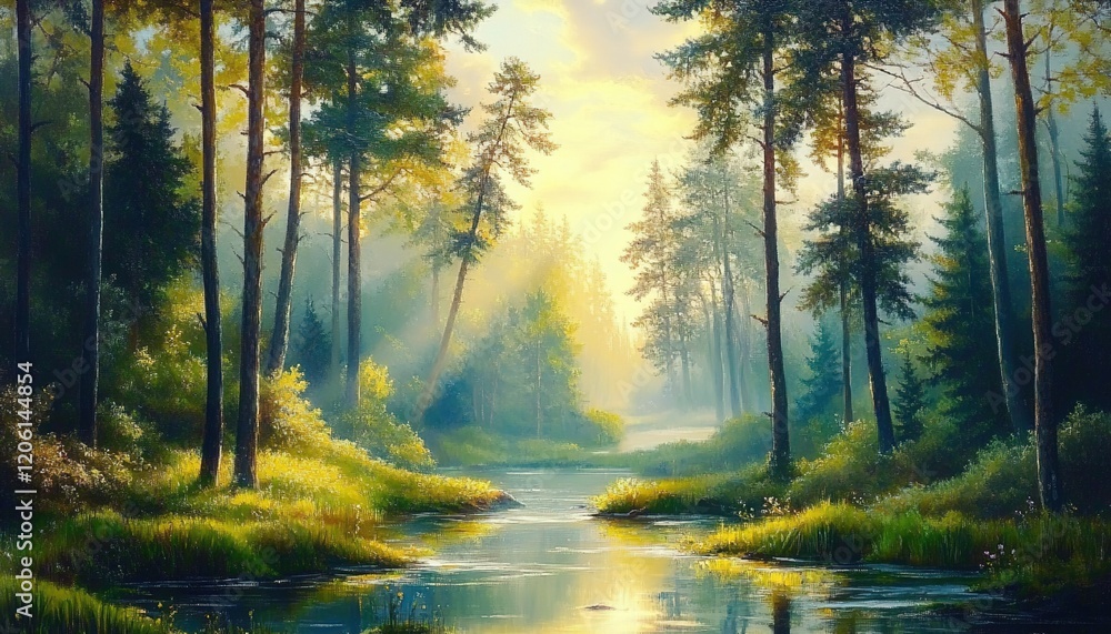 A beautiful forest with tall trees and lush green grass lines the riverbank.