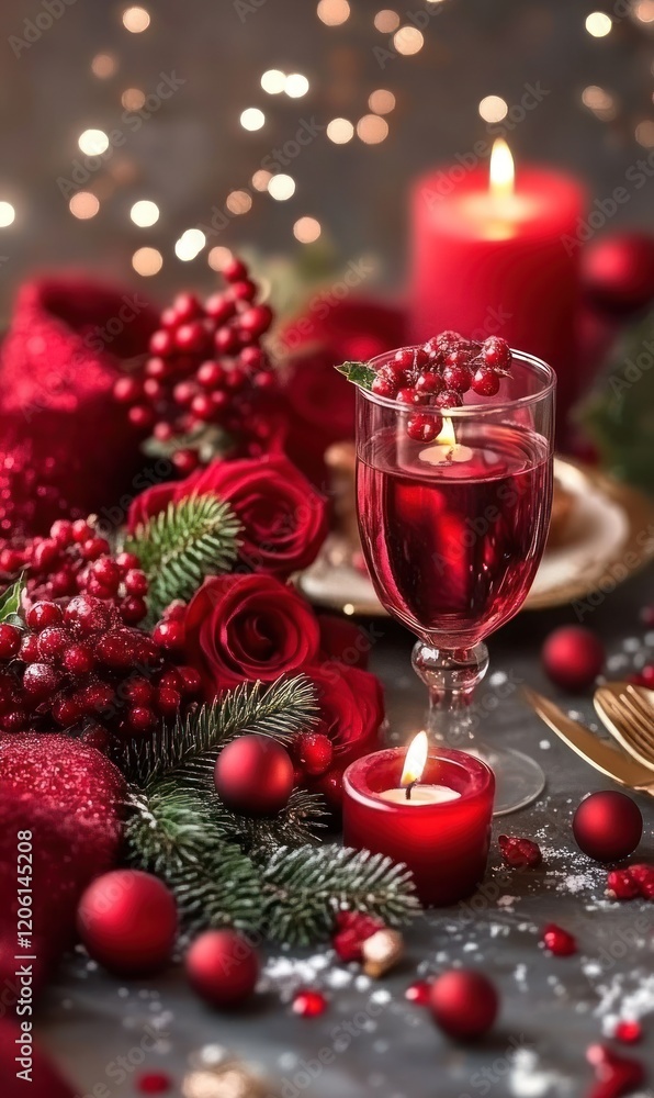 Festive Christmas Table Setting with Red Roses and Candles Festive Christmas Table Setting with Red Roses and Candles