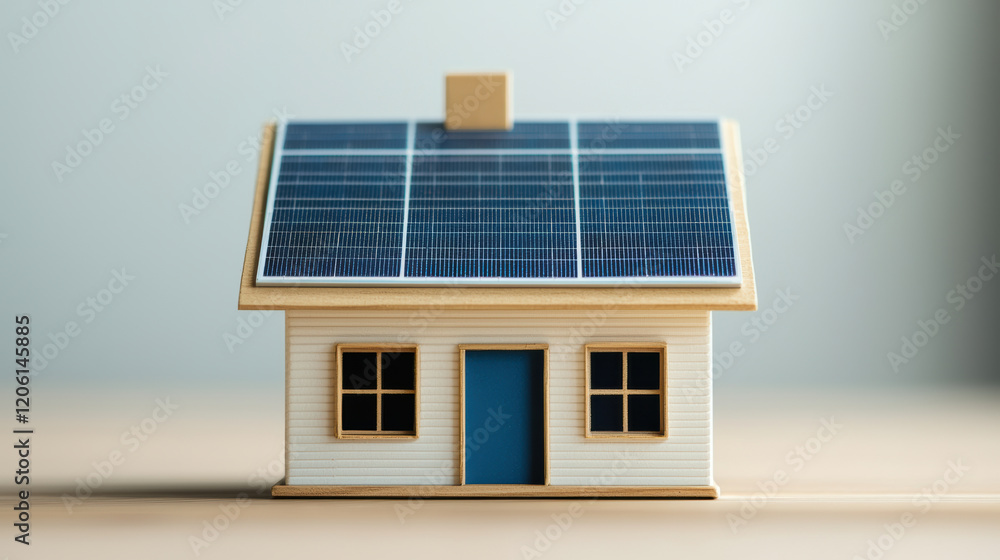 Fototapeta premium Miniature house model with solar panels on roof, symbolizing energy efficiency