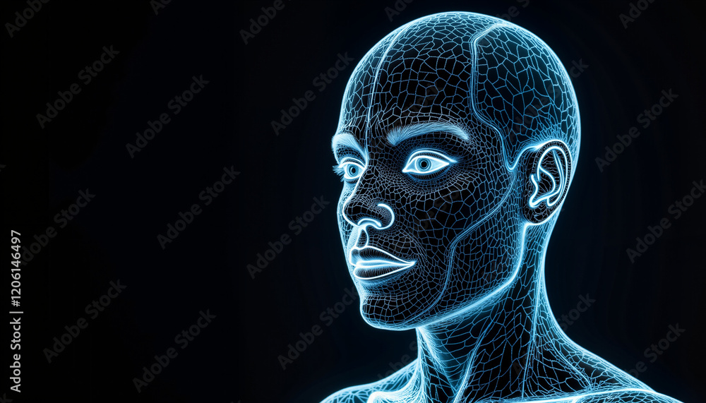 Holographic human figure glowing in digital lines, futuristic design Holographic human figure glowing in digital lines, futuristic design