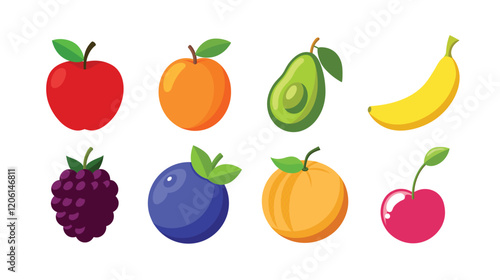 Colorful fruit icon set with 8 vector elements, vibrant organic food illustrations including apple, banana, and avocado. Fresh healthy fruit collection in flat design style for grocery apps.
