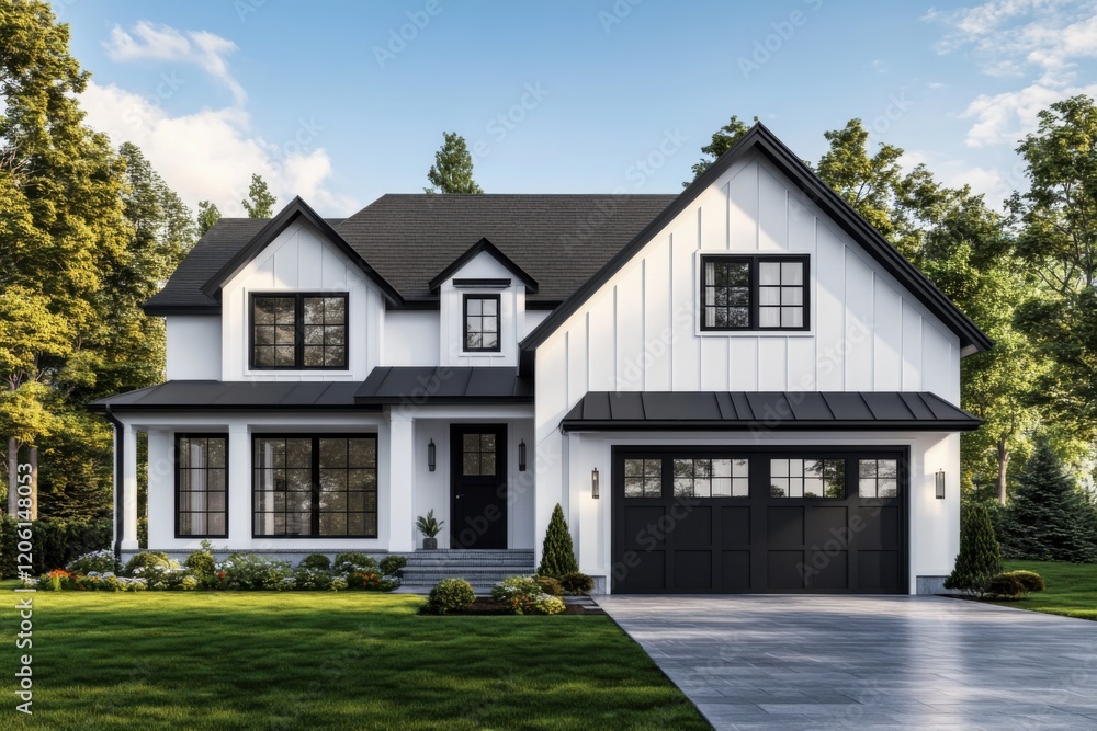 Modern white suburban house with black accents, large windows, a spacious front yard, and a paved driveway surrounded by lush greenery under a bright blue sky Modern white suburban house with black accents, large windows, a spacious front yard, and a paved driveway surrounded by lush greenery under a bright blue sky