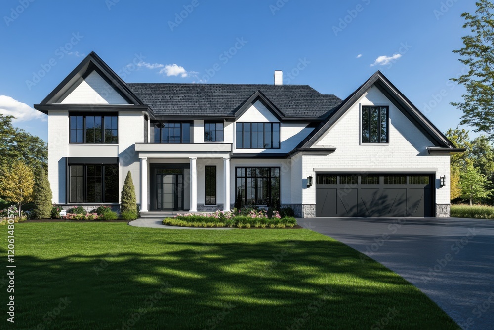 Elegant modern white brick house with black accents, a large front yard, symmetrical windows, and a spacious driveway, surrounded by greenery under a bright blue sky