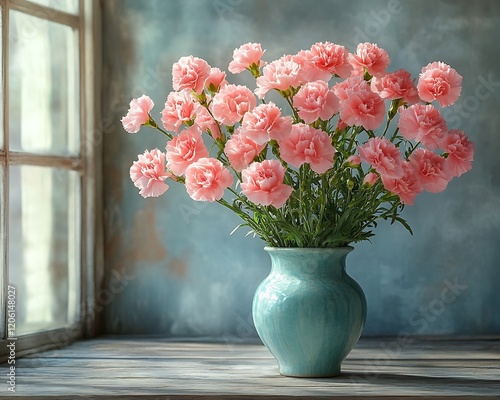 Wallpaper Mural Beautiful floral bouquet of pink carnations a vase vintage wooden table natural morning light shadows Torontodigital.ca