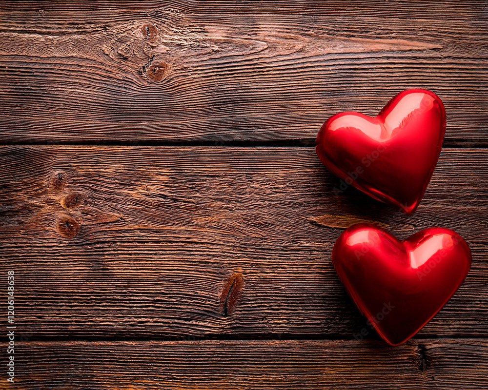 A wooden background featuring two red hearts for Valentine's Day A wooden background featuring two red hearts for Valentine's Day
