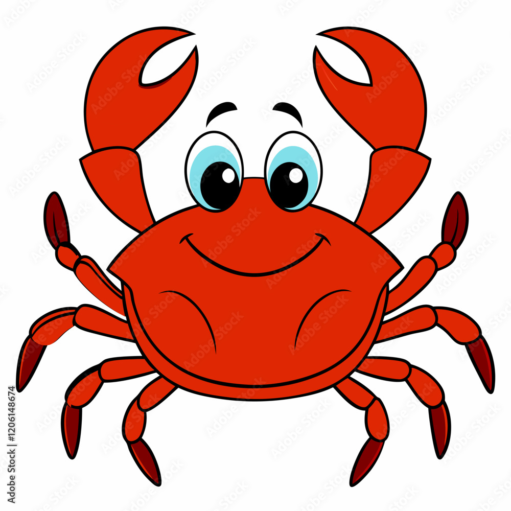 Fototapeta premium Cute cartoon crab isolated on white background. Vector illustration of sea life .Front view. 