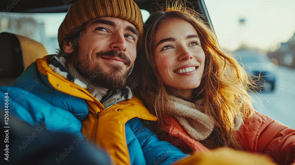 Happy couple enjoying a winter drive through a sunlit city street with smiles and warm jackets Happy couple enjoying a winter drive through a sunlit city street with smiles and warm jackets