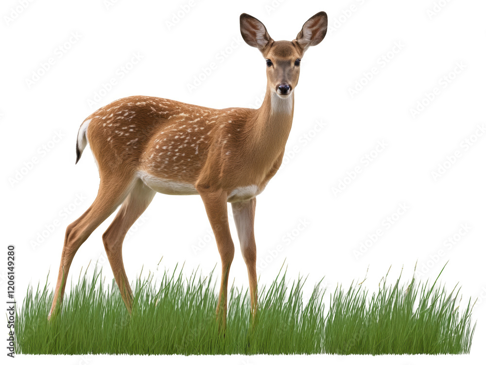 A peaceful doe with delicate features, walking through tall grass, isolated on a transparent background. A peaceful doe with delicate features, walking through tall grass, isolated on a transparent background.