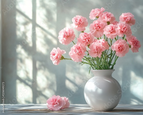 Wallpaper Mural Beautiful pastel pink carnations a white vase soft morning light and shadows rustic wooden table Torontodigital.ca