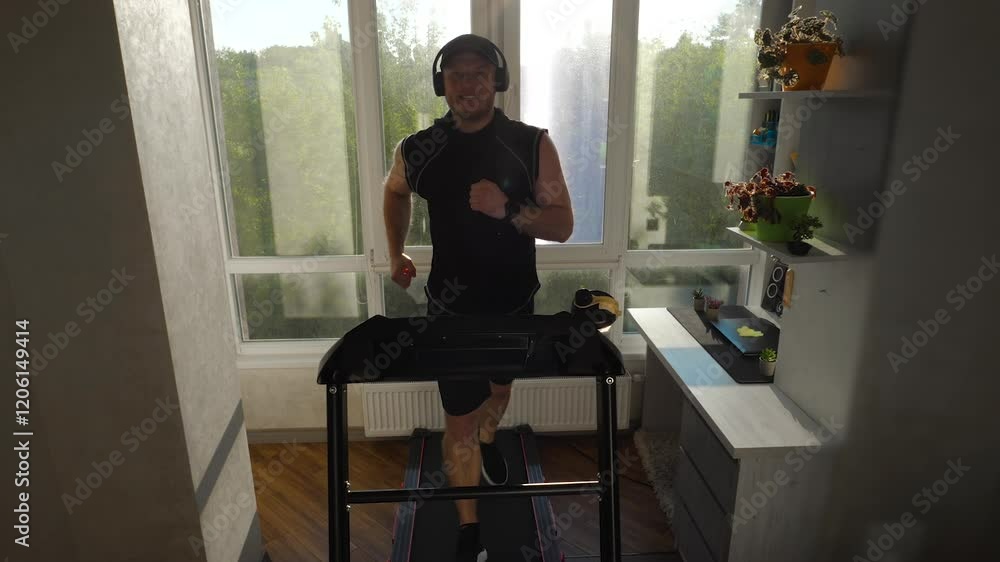 Cardio training on a treadmill simulator, A young sports guy runs on a treadmill in music headphones, slow motion Cardio training on a treadmill simulator, A young sports guy runs on a treadmill in music headphones, slow motion