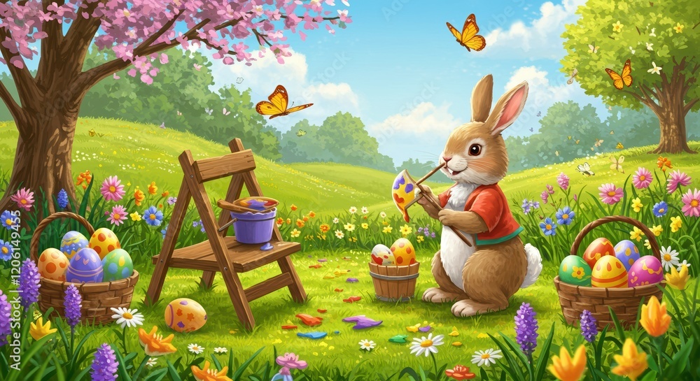 Obraz premium Whimsical Scene of Bunny Painting Easter Eggs in Garden