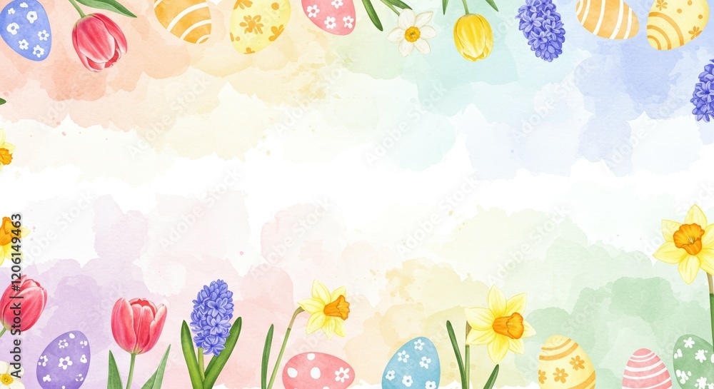 Whimsical Watercolor Background with Spring Flowers and Easter Eggs Whimsical Watercolor Background with Spring Flowers and Easter Eggs
