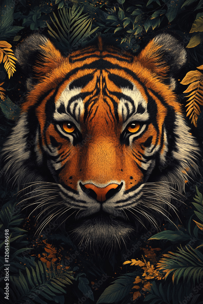 Naklejka premium Majestic Tiger Amidst Lush Tropical Foliage