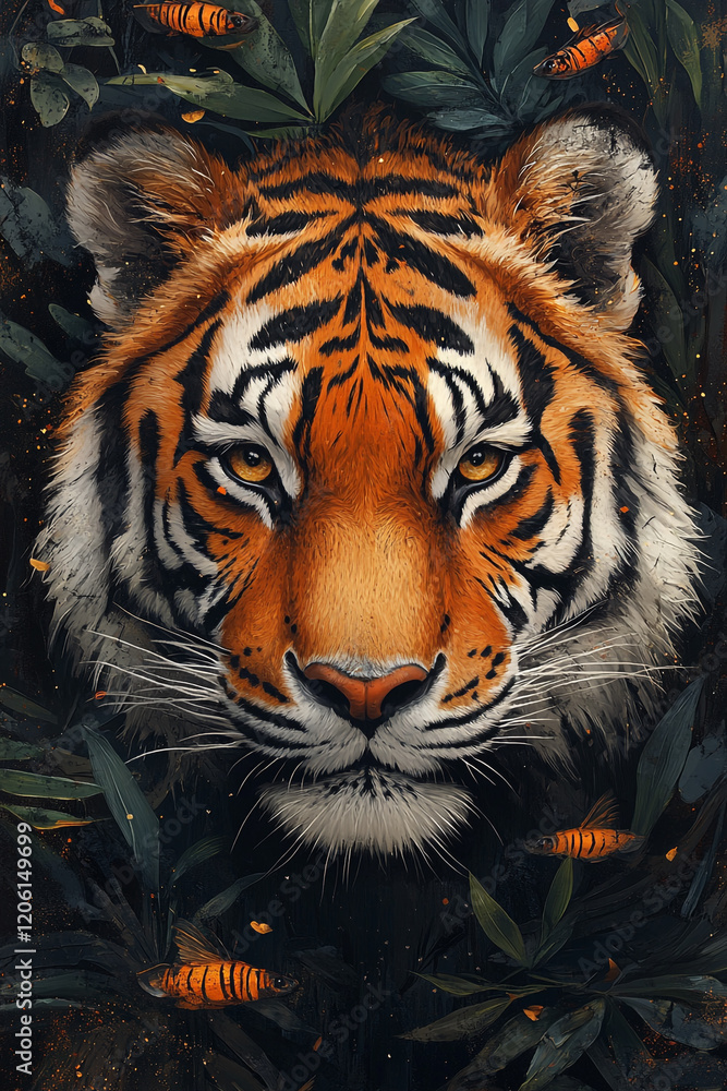 Fototapeta premium Majestic Tiger Portrait Amidst Lush Tropical Foliage