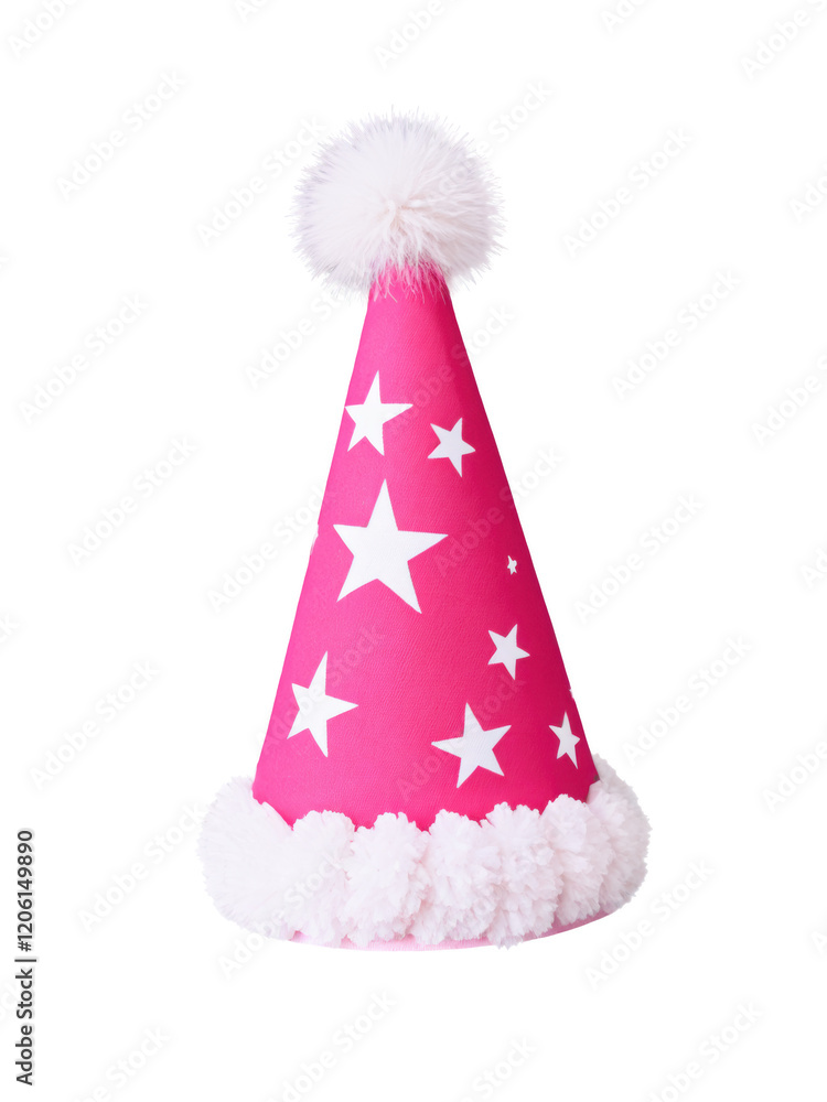 A pink birthday cap with star designs and a white pom-pom on top, isolated with no background A pink birthday cap with star designs and a white pom-pom on top, isolated with no background