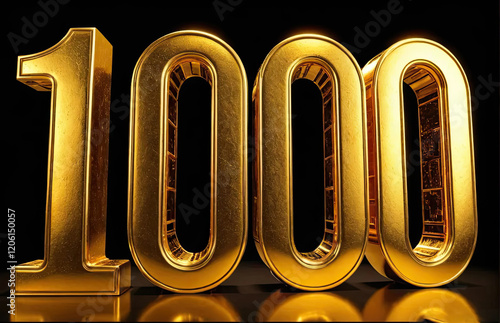 Three-dimensional shiny golden number 1000 on a reflective surface against a dark background