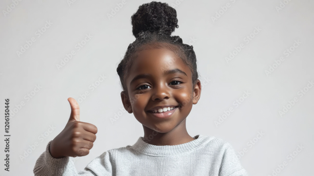 Young girl in yellow shirt smiling and giving a thumbs up indoors at home